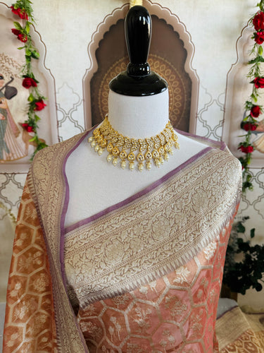 Organza Silk Sari from Banaras | Metallic Rust Orange | Gold Zari | Handwoven | Ships from California